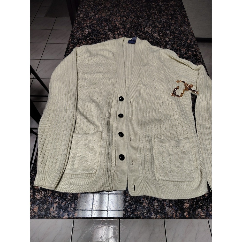 Vintage John Blair Men's Dad Cardigan Sweater Cable Knit Pockets Buttons Beige L